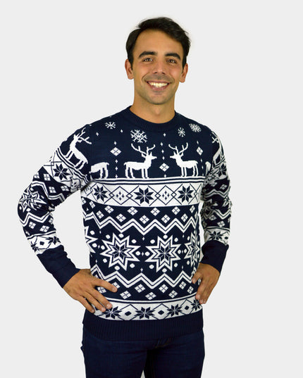 Blue Couples Christmas Sweater with Rudolph and Nordic Star