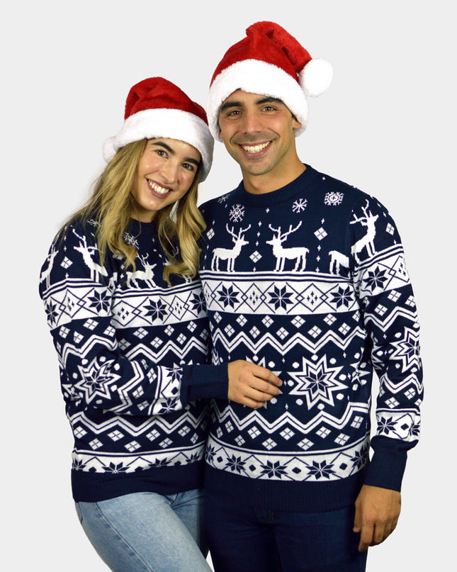 Blue Couples Christmas Sweater with Rudolph and Nordic Star