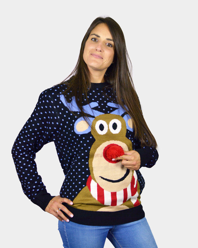 3D Red-Nosed Reindeer Couples Christmas Sweater - Blue