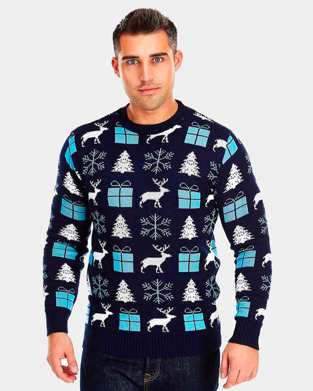 Blue Couple Christmas Sweater with Reindeer and Gifts