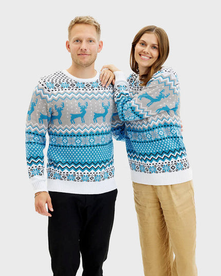 Chic Christmas Sweater for Couples in White, Gray, and Blue
