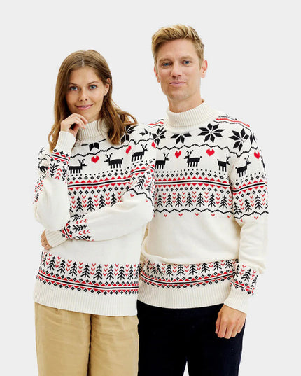 Chic Beige Christmas Sweater for Couples with Turtleneck
