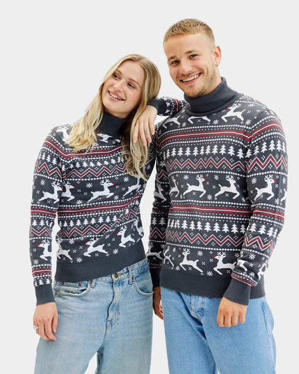 Gray Turtleneck Christmas Sweater for Couples with Reindeer