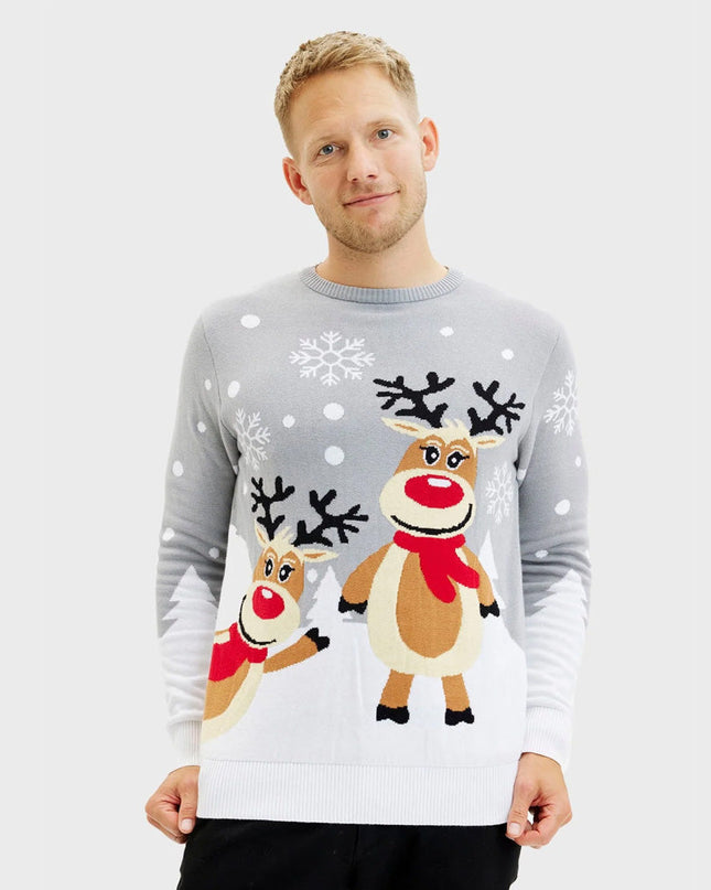 Gray Couple Christmas Sweater with Cute Reindeer