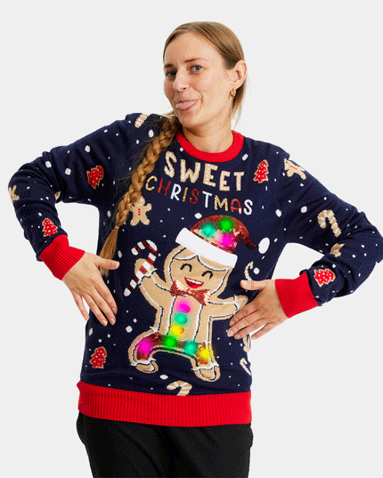 LED Ginger Cookie Couples Christmas Sweater - Blue