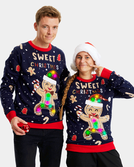 Light-Up LED Blue Ginger Cookie Couple Christmas Sweater