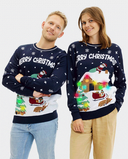 Light-Up LED Blue Merry Christmas Couple Sweater