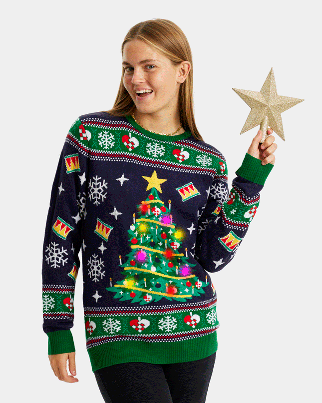 LED Blue Couples Christmas Sweater - Christmas Tree Design