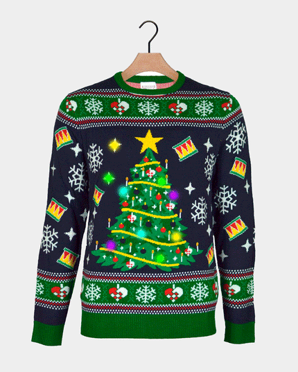 LED Blue Couples Christmas Sweater - Christmas Tree Design