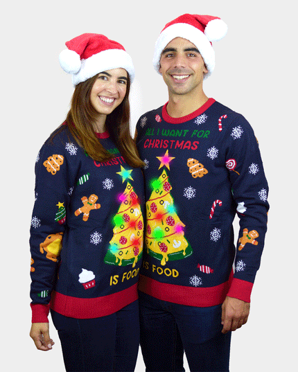 LED Lighted "Christmas Food" Couple Christmas Sweater