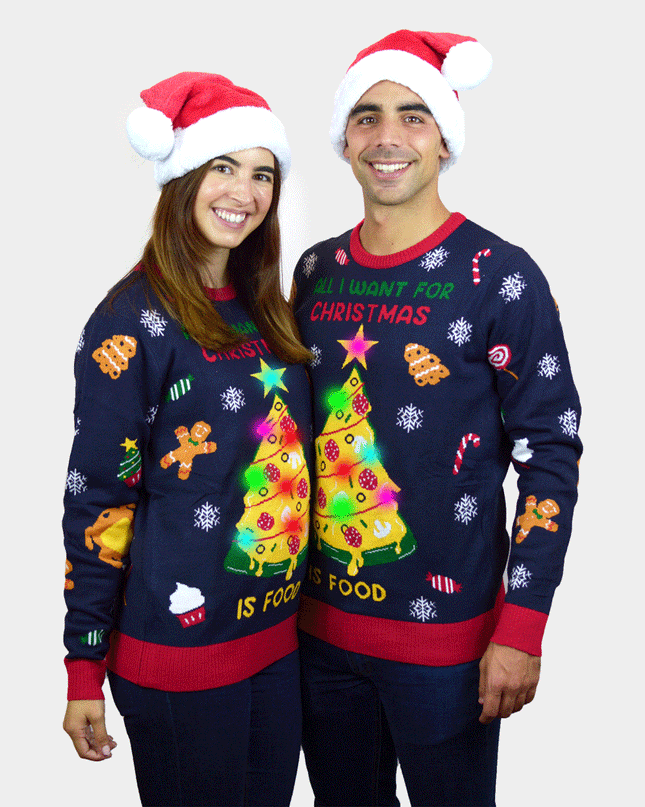 LED Lighted "Christmas Food" Couple Christmas Sweater