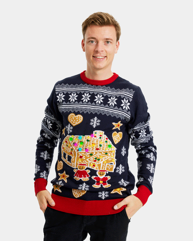 LED Gingerbread House Couples Christmas Sweater