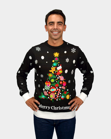 LED Black Couples Christmas Sweater - Christmas Tree Design