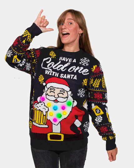 LED Christmas Sweater for Couples Santa Beer Design