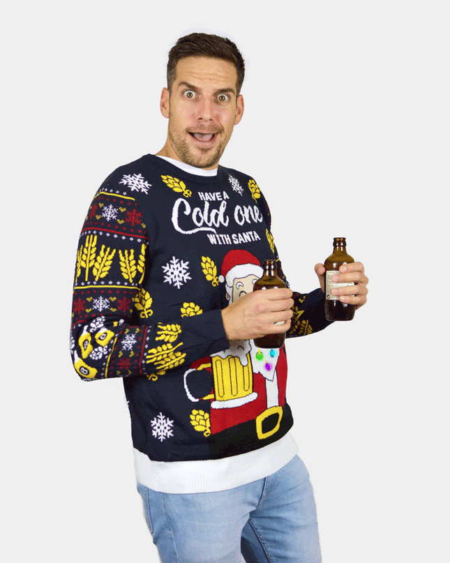 LED Christmas Sweater for Couples Santa Beer Design