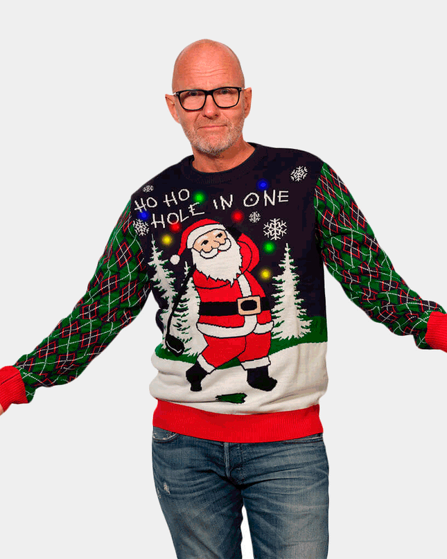 LED Lighted Santa Playing Golf Couple Sweater