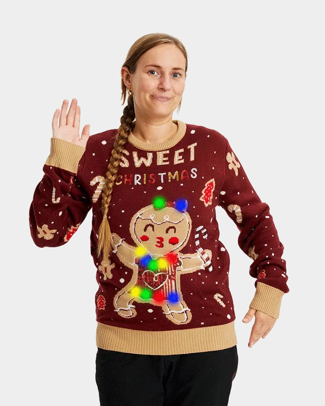 LED Lighted Red Gingerbread Cookie Couple Sweater