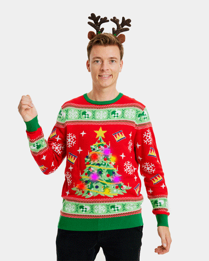 LED Red Couples Christmas Sweater - Christmas Tree Design