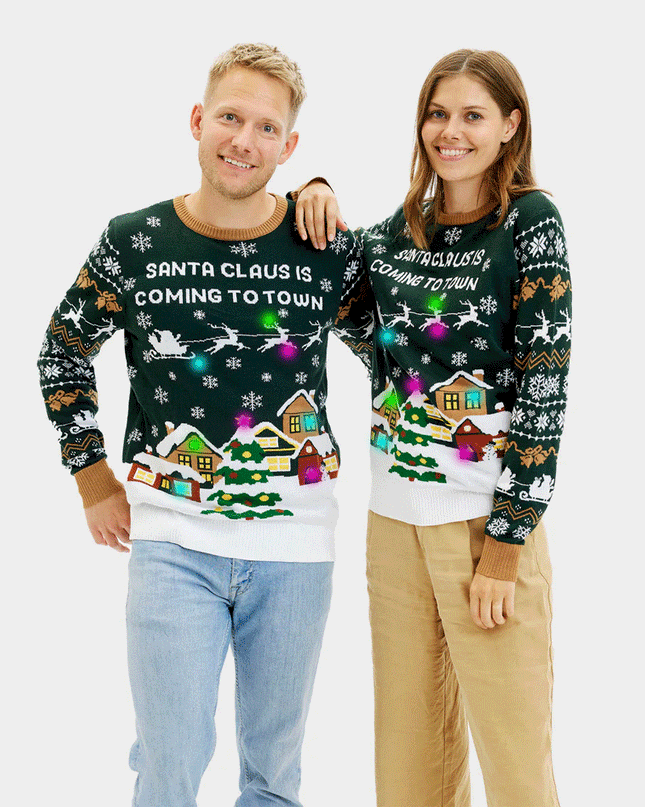 Light-Up LED "Santa is Coming to Town" Couple Christmas Sweater