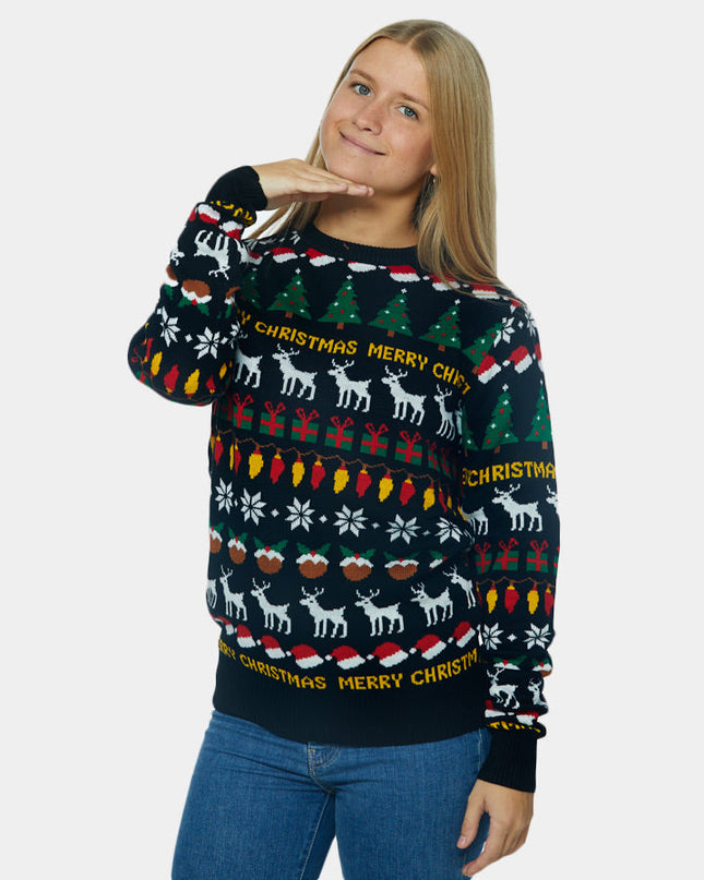 Black Christmas Sweater for Couples with Trees and Reindeer