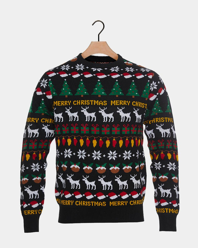 Christmas Sweater for Couples Black with Trees and Reindeer