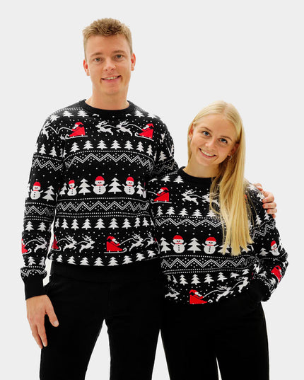 Black Christmas Sweater for Women with Trees and Snowmen