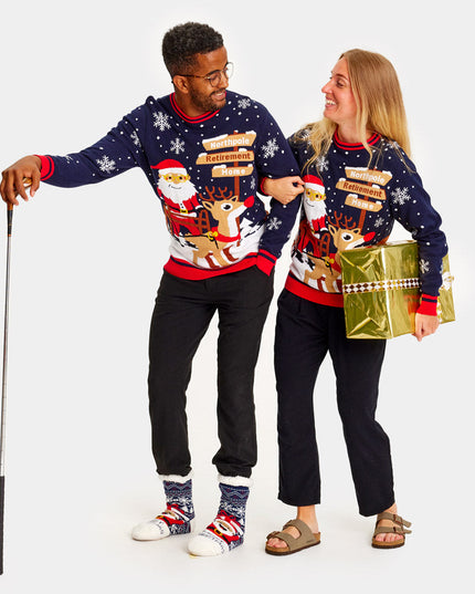 Christmas Sweater for Couples Santa with Walker on Retirement Path