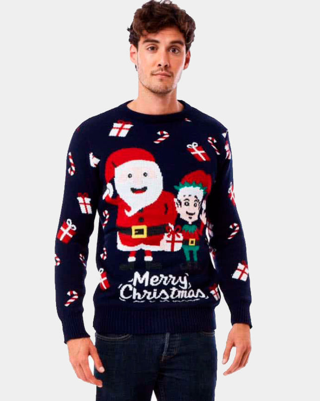 Couples Christmas Sweater Featuring Santa and Elf Design