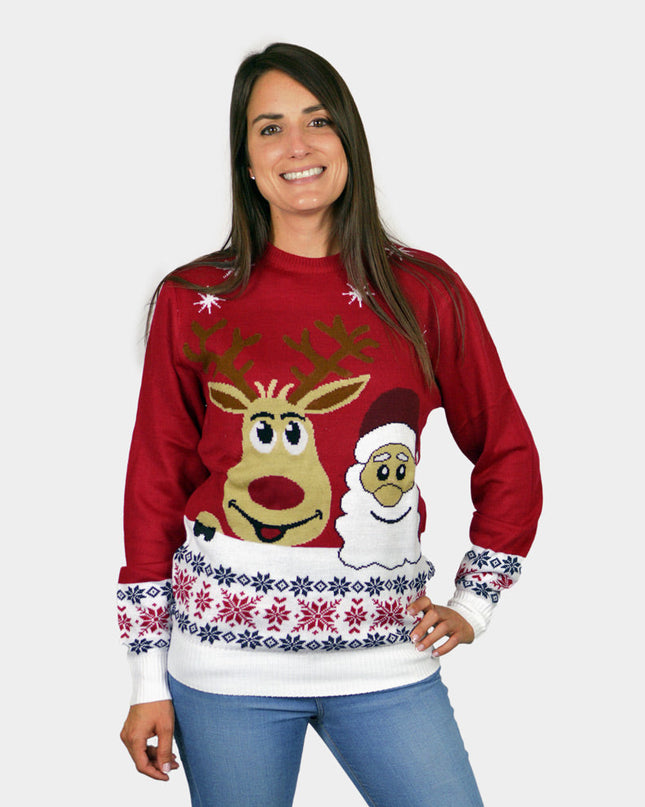 Smiling Santa and Reindeer Couple Christmas Sweater