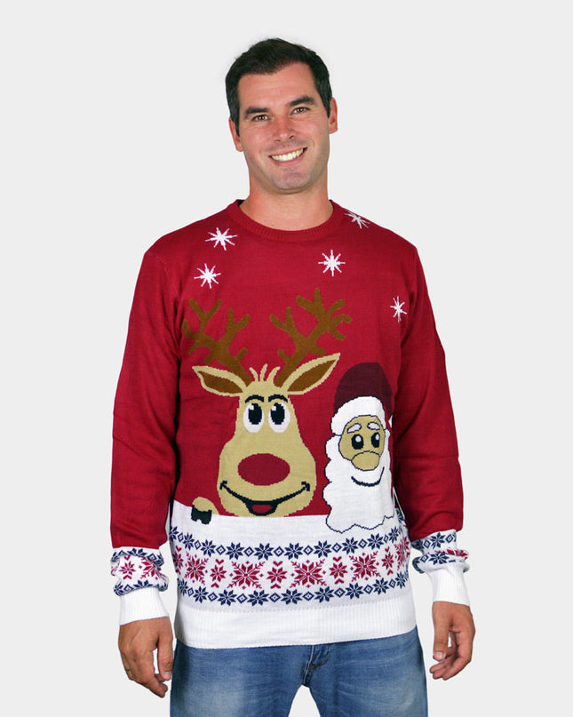 Smiling Santa and Reindeer Couple Christmas Sweater