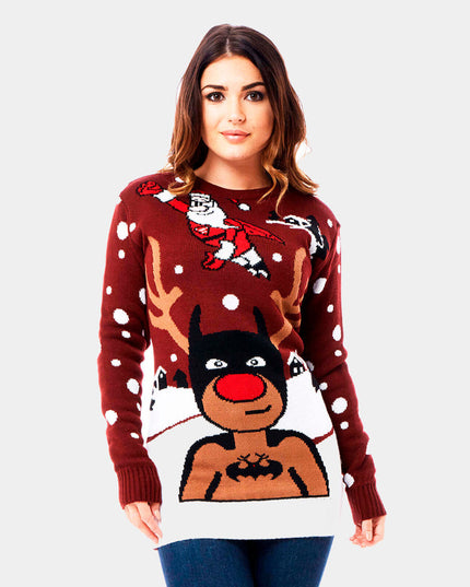 Batman, Santa, and Superman Reindeer Couple Sweater