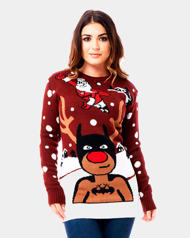 Batman, Santa, and Superman Reindeer Couple Sweater