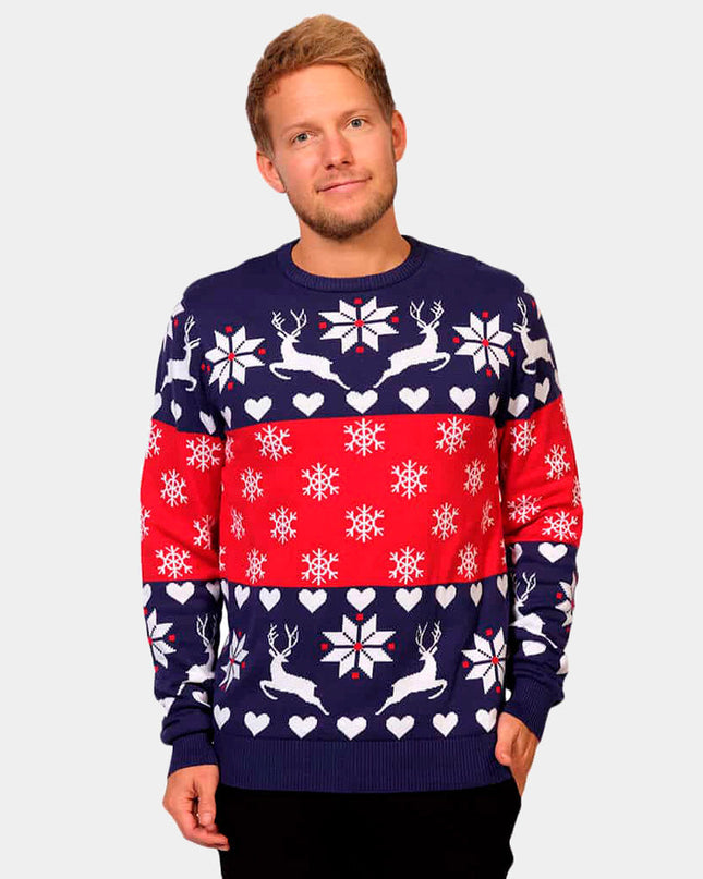 Blue and Red Hearts with Reindeer Couple Christmas Sweater
