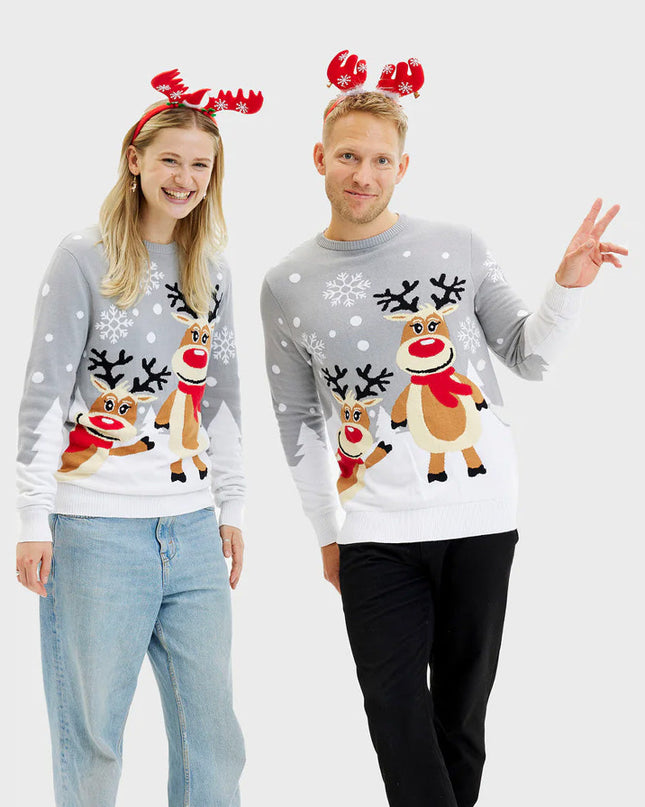 Gray Couple Christmas Sweater with Cute Reindeer