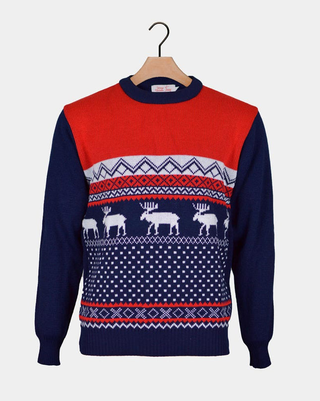 Red and Navy Blue Christmas Sweater with Reindeer