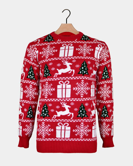 Christmas Sweater for Couples with Reindeer, Trees, and Christmas Gifts