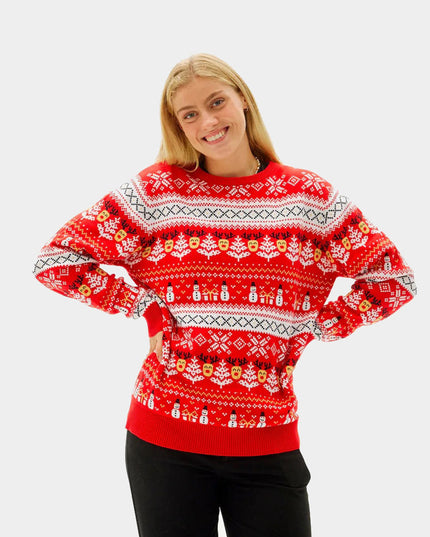 Organic Red Couples Christmas Sweater - Snowmen and Trees