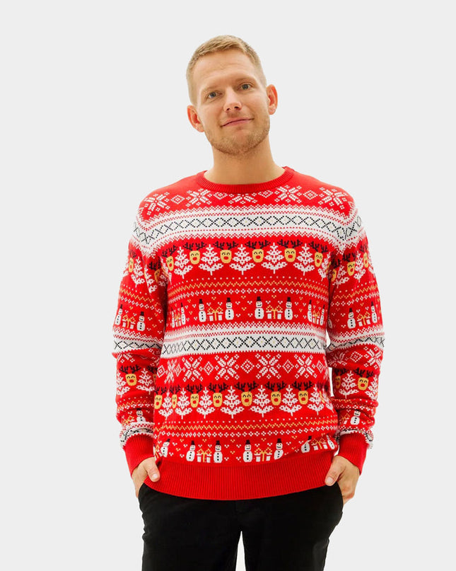 Organic Red Couples Christmas Sweater - Snowmen and Trees