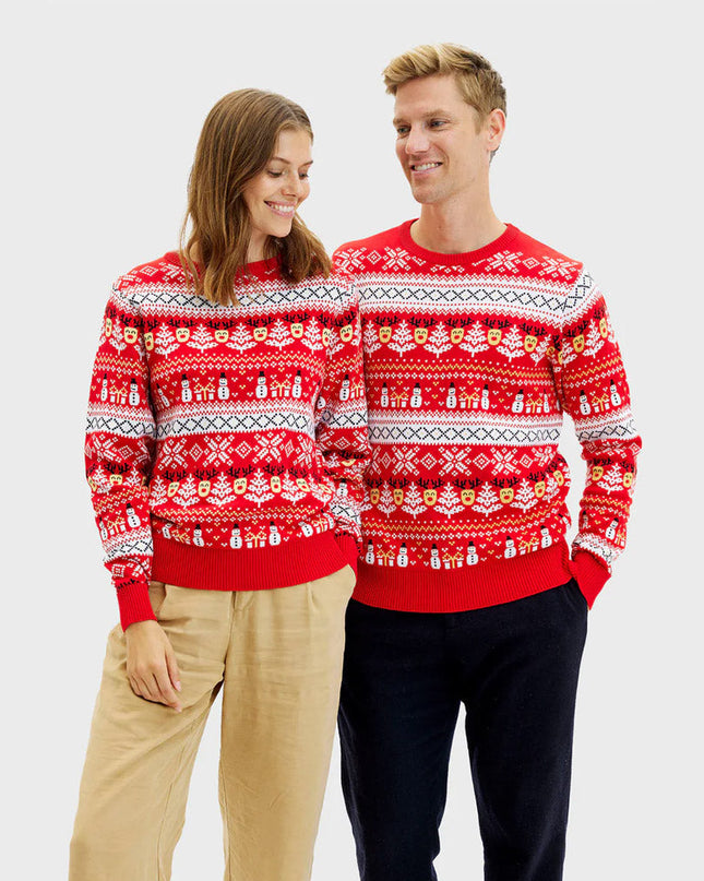 Organic Red Couples Christmas Sweater - Snowmen and Trees