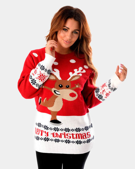 Red Christmas Sweater for Men with Skating Reindeer