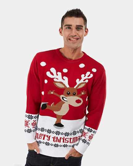 Red Christmas Sweater for Couples with Skating Reindeer