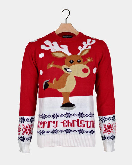 Red Christmas Sweater for Couples with Skating Reindeer