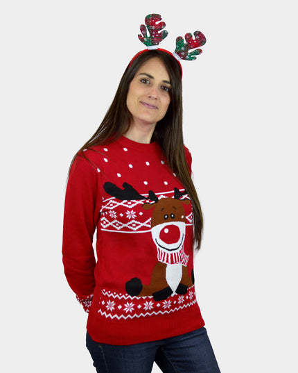 Red Couples Christmas Sweater - Rudolph Scarf Design