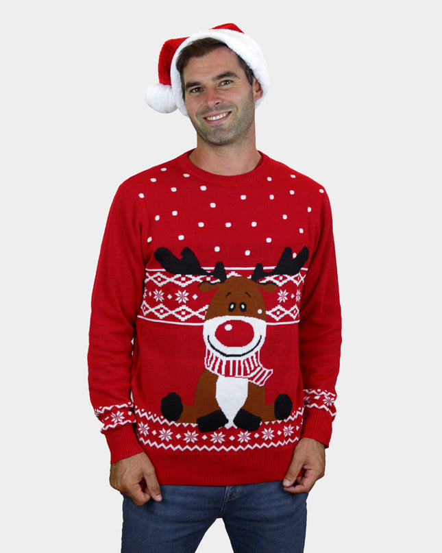 Red Couple Christmas Sweater with Reindeer Rudolph and Scarf