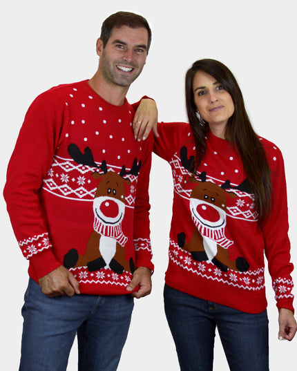 Red Couples Christmas Sweater - Rudolph Scarf Design