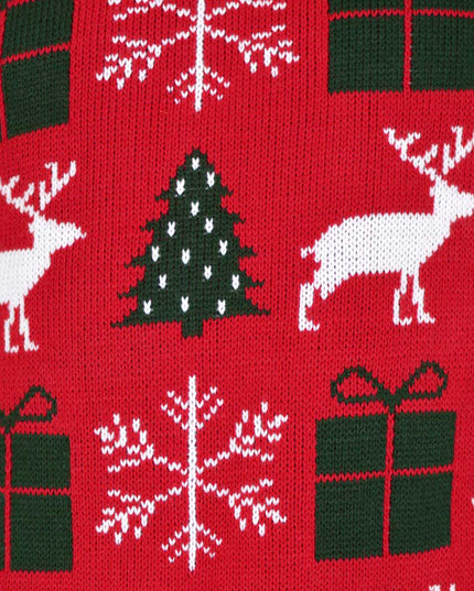 Christmas Sweater for Couples Red with Reindeer, Gifts, and Trees
