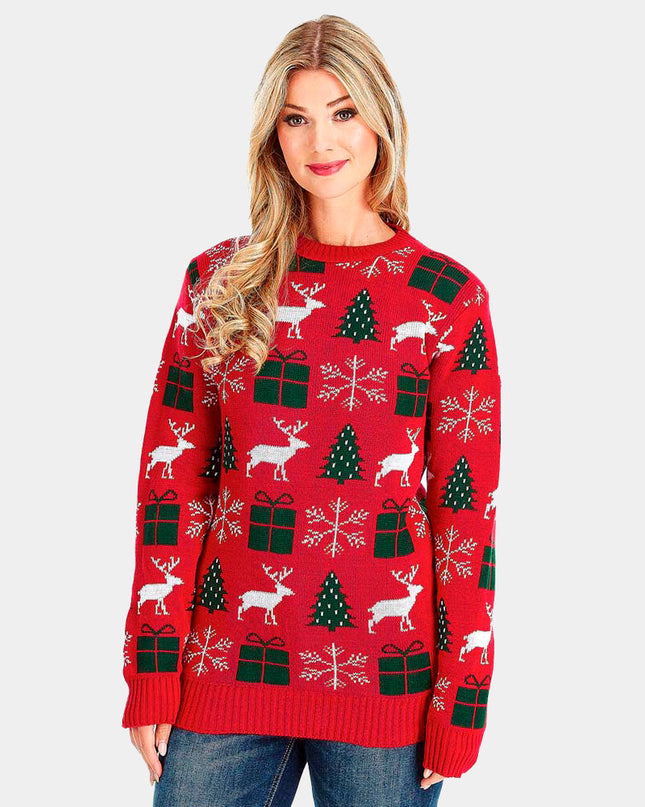 Red Christmas Sweater with Reindeer, Gifts, and Trees