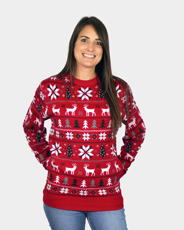 Red Couples Christmas Sweater - Reindeer, Trees, and Polar Stars