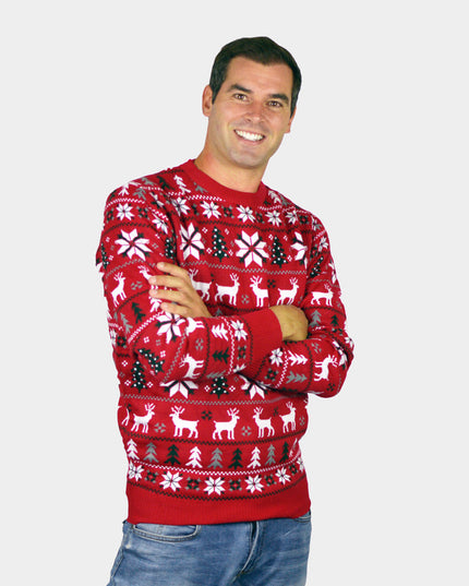 Red Couples Christmas Sweater - Reindeer, Trees, and Polar Stars