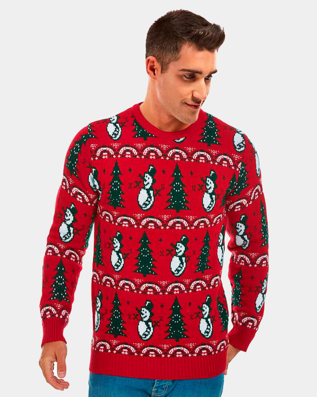 Red Christmas Sweater for Couples with Trees and Snowmen